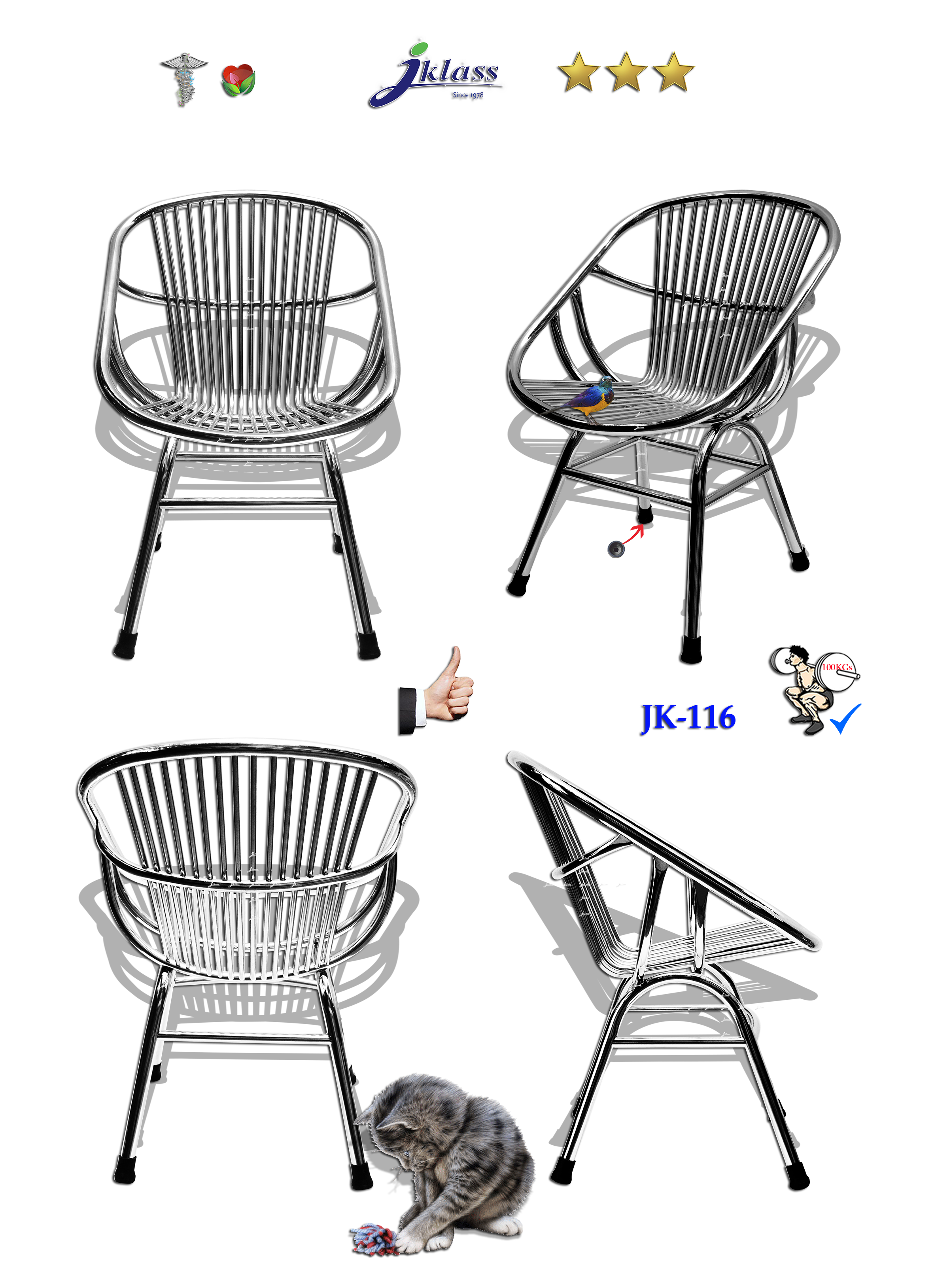 74028::JK-116::A JK stainless steel chair. Dimension (WxDxH) cm : 60x54x32-44(74)